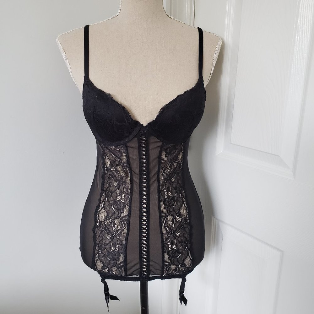 La Senza black lace bustier corset top with garters